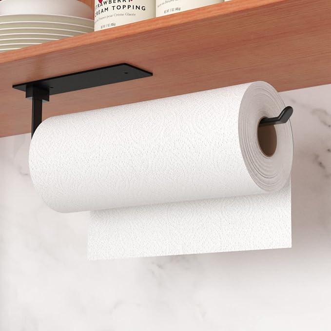 Black Kitchen Roll Holder Under Cabinet, Self-Adhesive Paper Towel Holder, Wall Mounted Paper Towel Rack, Suitable for Pantry, Kitchen, Bathroom