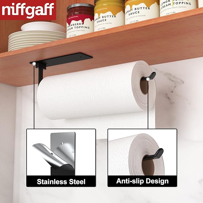Black Kitchen Roll Holder Under Cabinet, Self-Adhesive Paper Towel Holder, Wall Mounted Paper Towel Rack, Suitable for Pantry, Kitchen, Bathroom